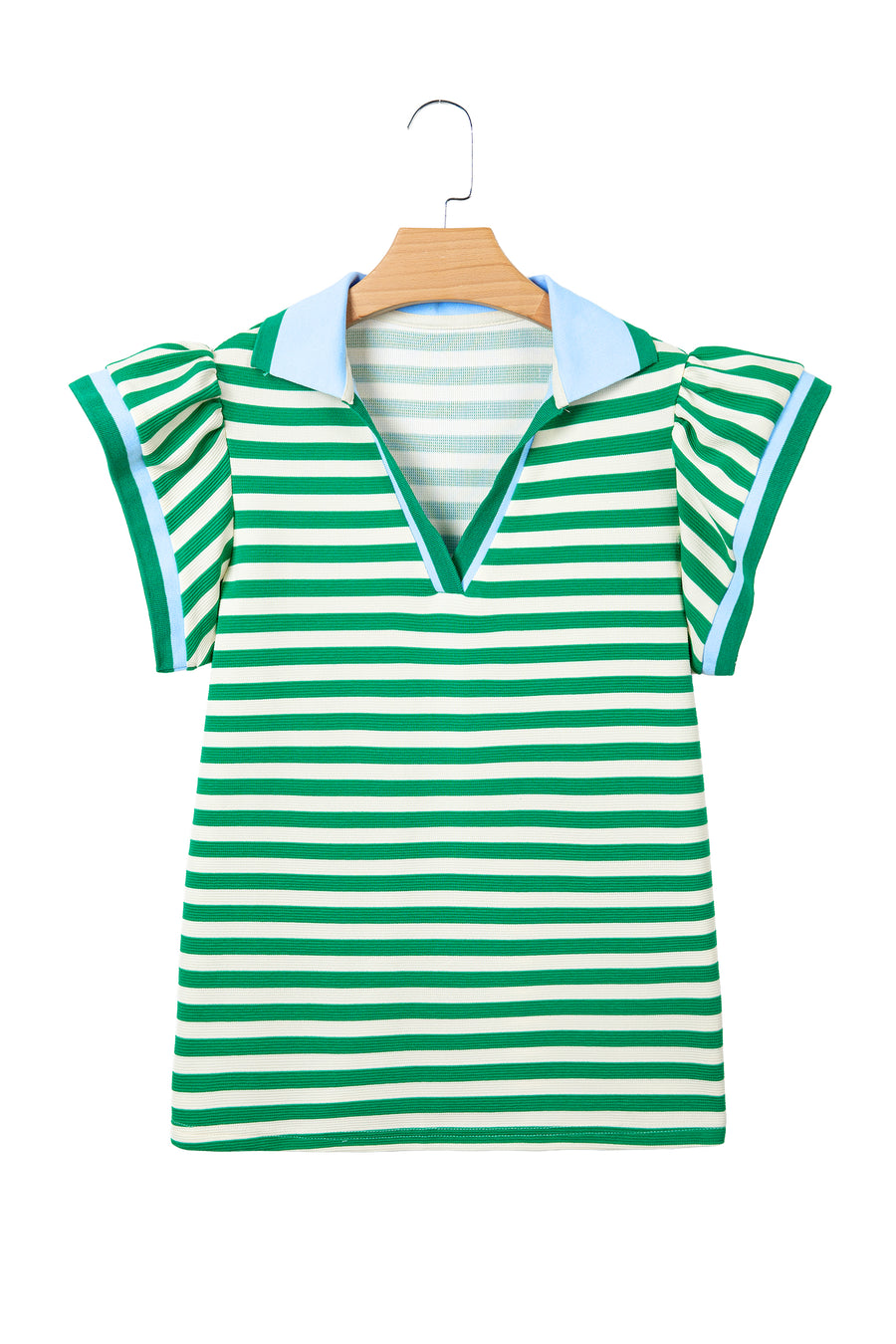 Stripe Contrast Trim Polo Collar Ruffled Short Sleeve Blouse