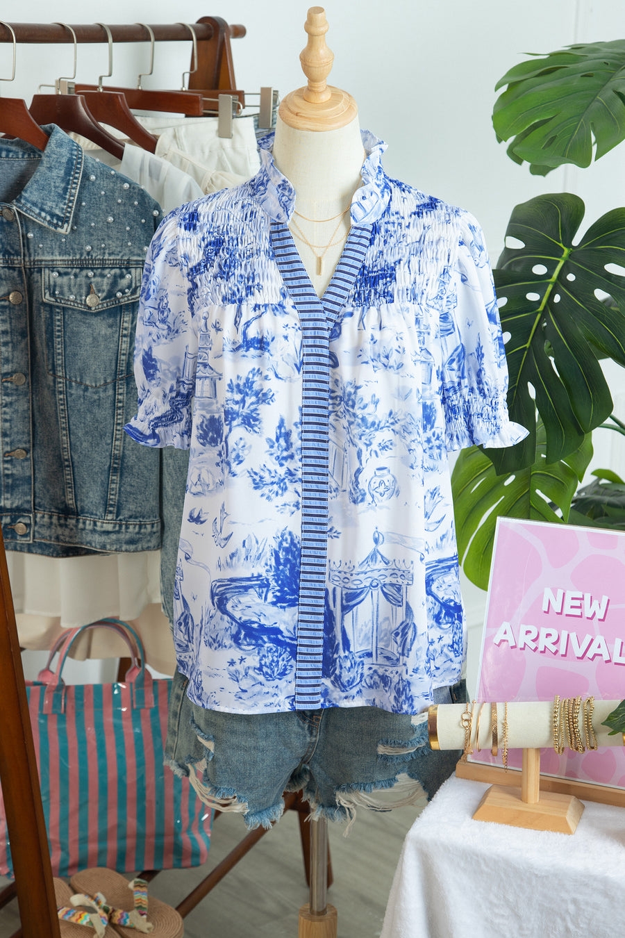 Animal Paradise Print Striped Panel Gathered Blouse Women UK — angled view | Fashionfitz UK