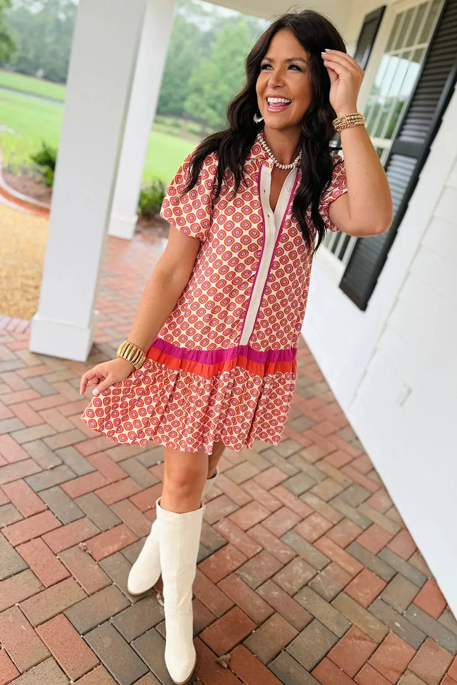 Orange Geometric Floral Color Block Trim Button Front Dress Women UK — lifestyle view