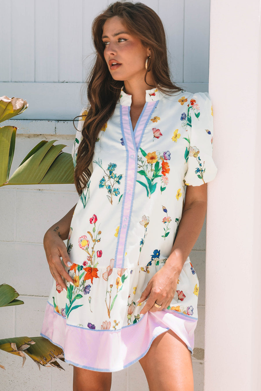 White Floral Contrast Striped Patchwork Puff Sleeve Dress Women UK