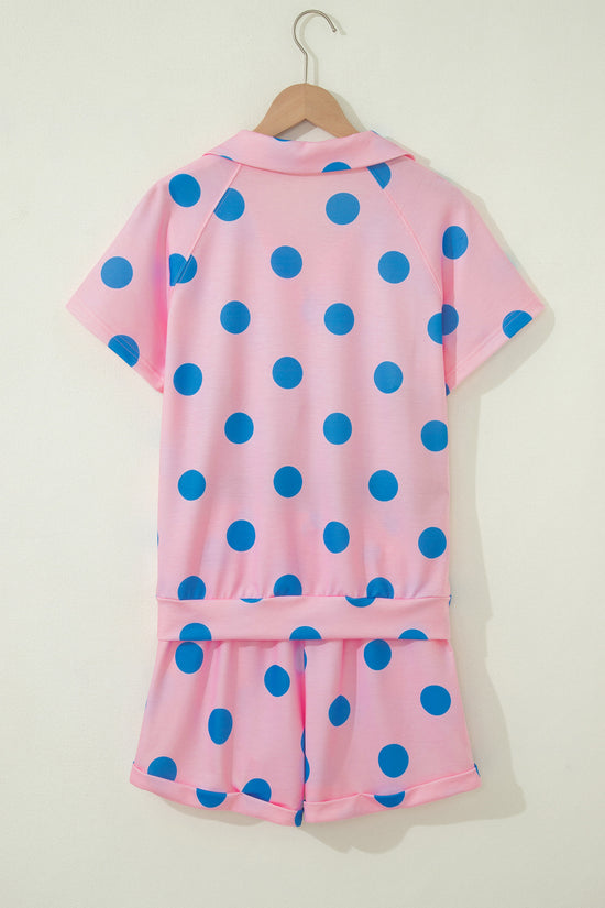 Polka Dot V Neck Short Sleeve Tee High Waist Drawstring Shorts Set