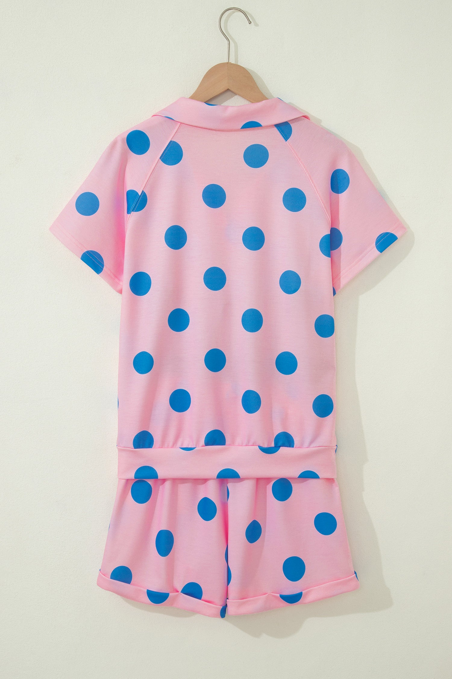 Polka Dot V Neck Short Sleeve Tee High Waist Drawstring Shorts Set