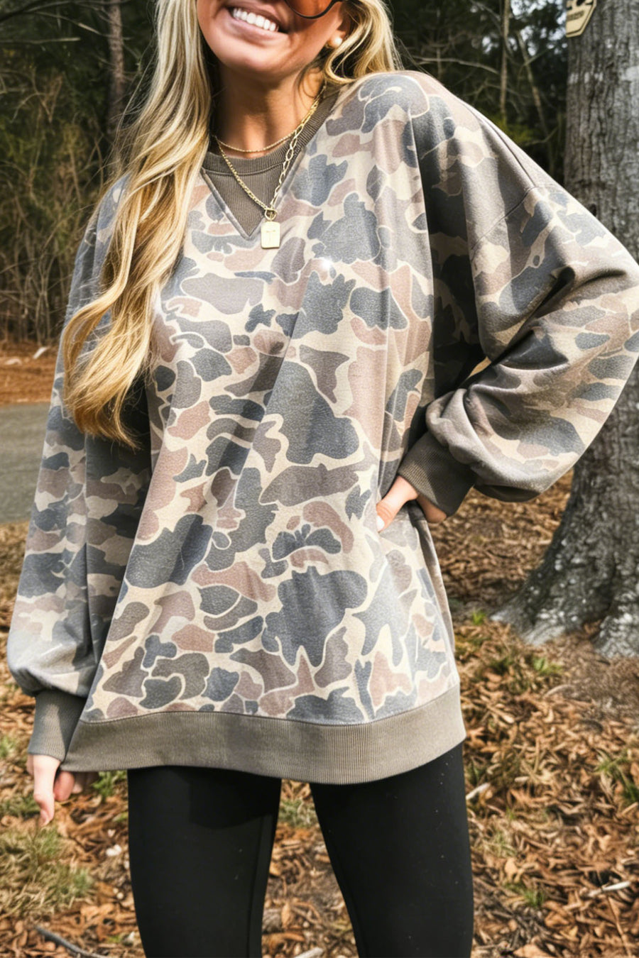 Camo Print Ribbed Trim Pullover Sweatshirt Women UK