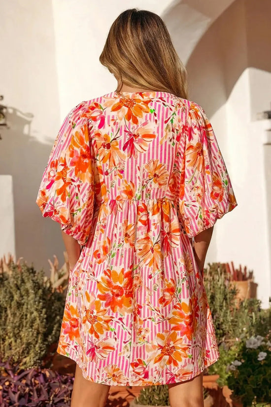 Women’s floral tie neck puff sleeve mini dress | fashionfitz