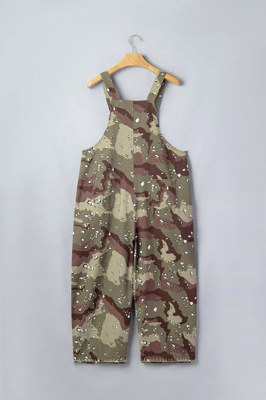 Fashionfitz green camo leopard denim overall cropped jumpsuit UK S-XL, frayed hem, back view