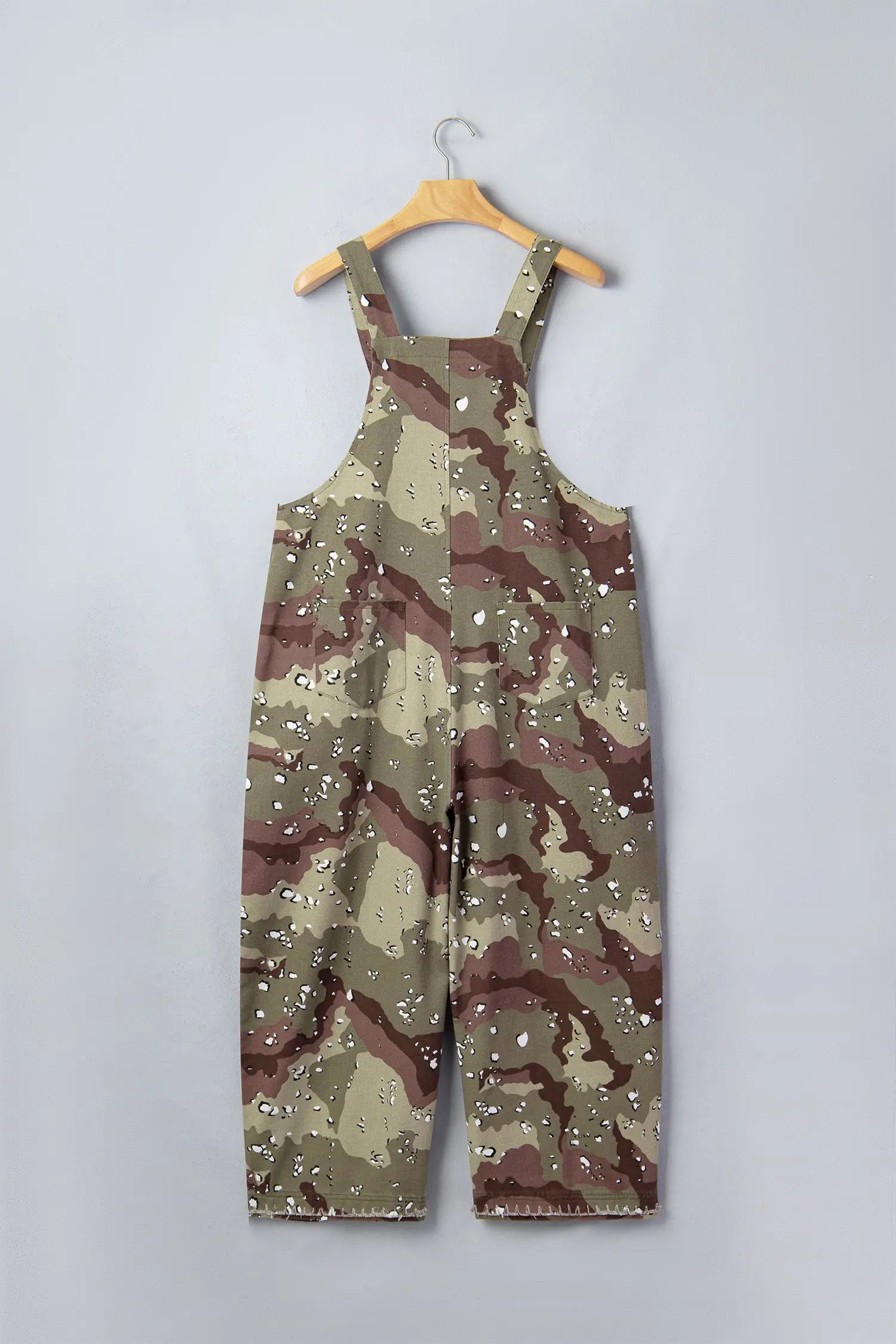 Fashionfitz green camo leopard denim overall cropped jumpsuit UK S-XL, frayed hem, back view