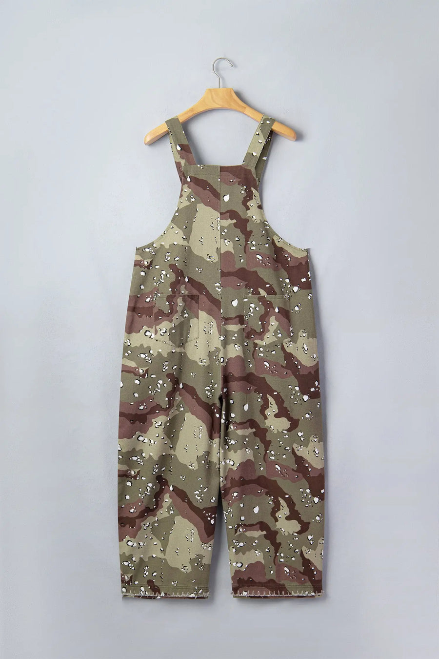 Fashionfitz green camo leopard denim overall cropped jumpsuit UK S-XL, frayed hem, back view