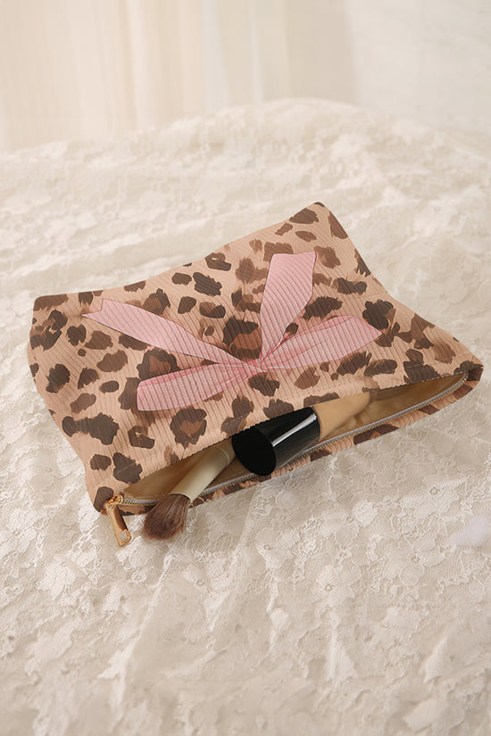 Leopard Bow Ribbed Makeup Bag Women UK