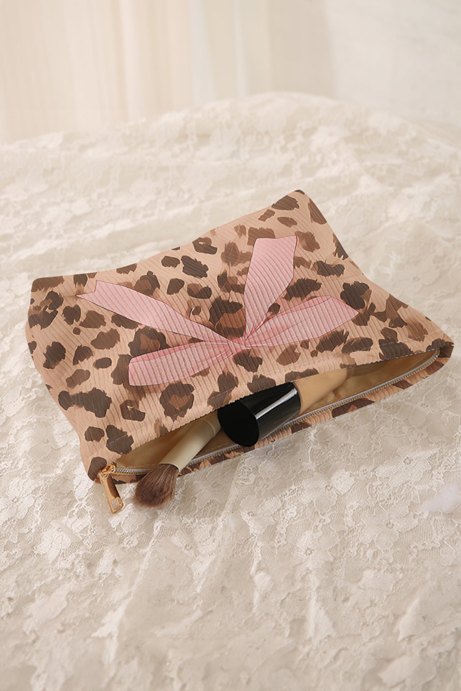 Leopard Bow Ribbed Makeup Bag Women UK