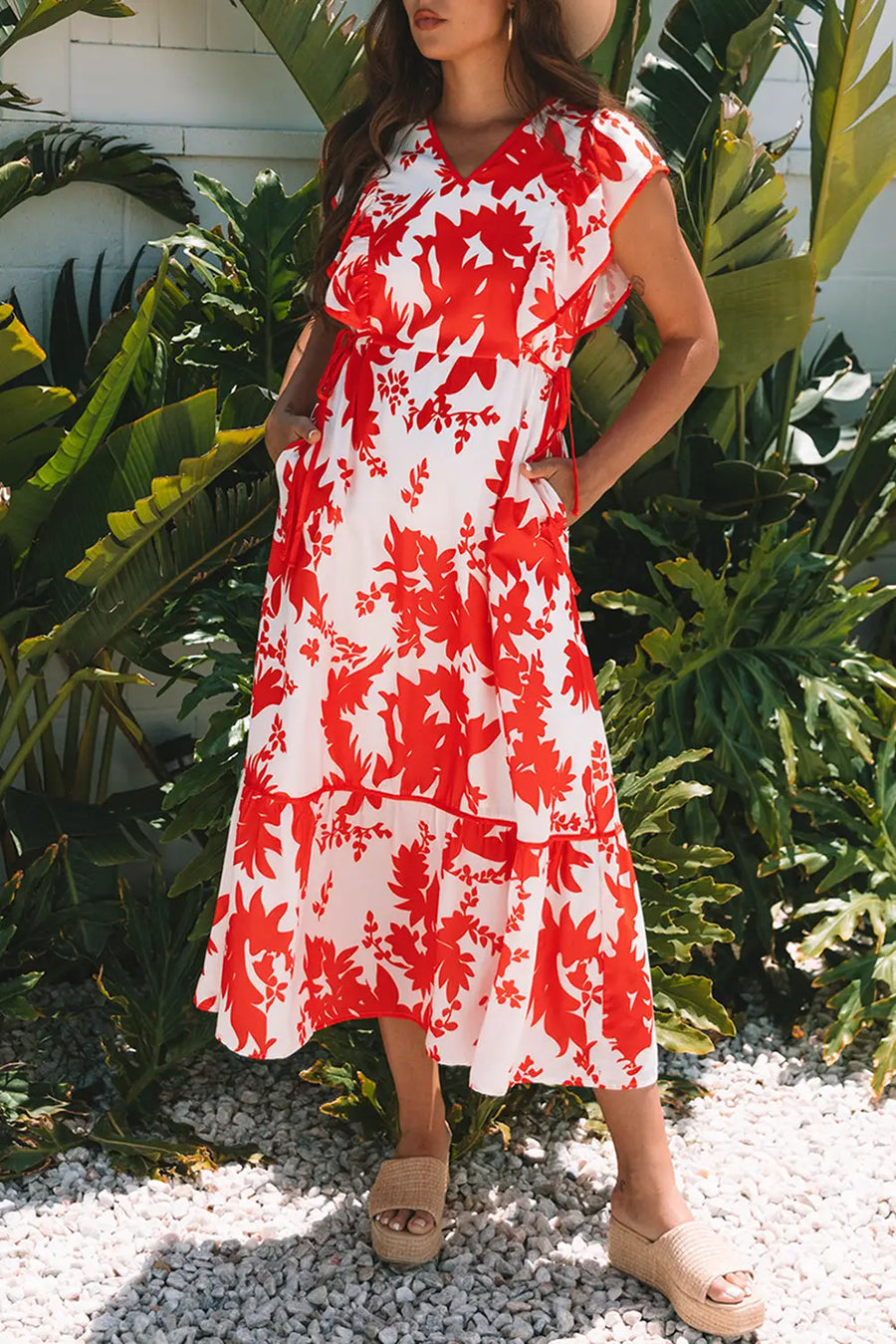 Red Floral Trimmed V Neck Ruffle Sleeve Maxi Dress Women UK