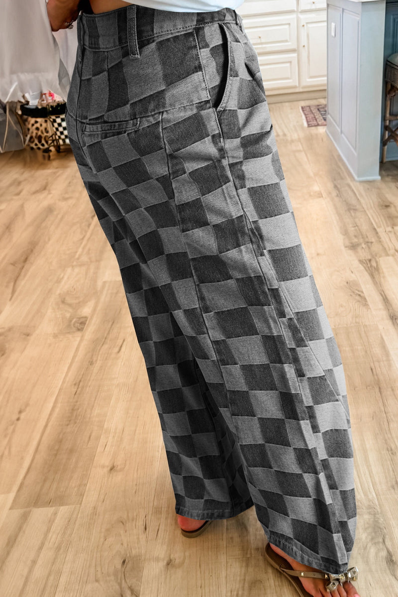 Checkered Wide Leg High Waist Denim Jeans Women UK