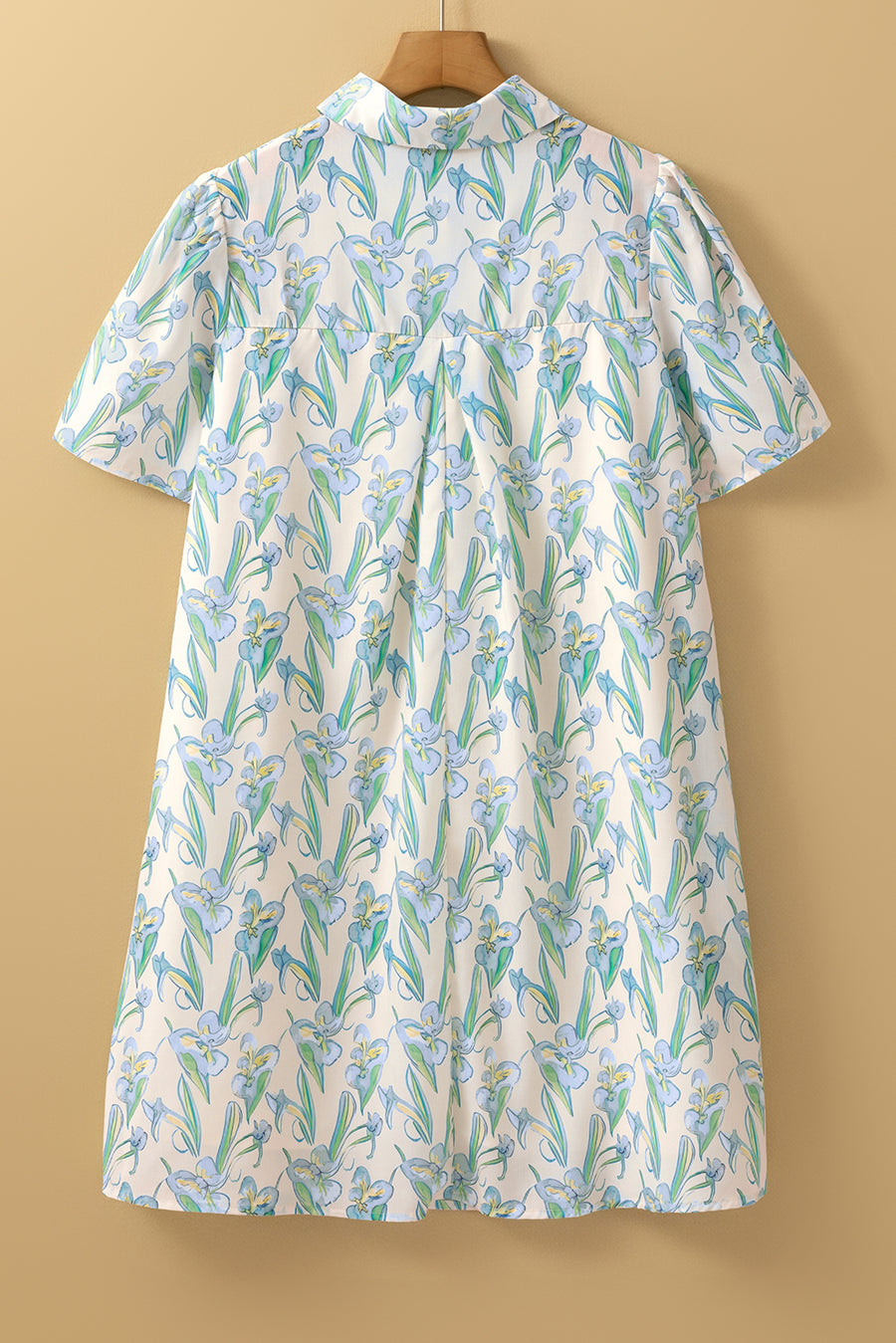 Green Floral Shirt Collar Buttoned Short Sleeve Shift Dress Women UK
