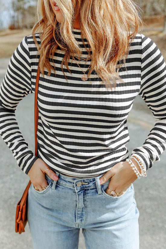 Striped Textured Knit Long Sleeve Tee