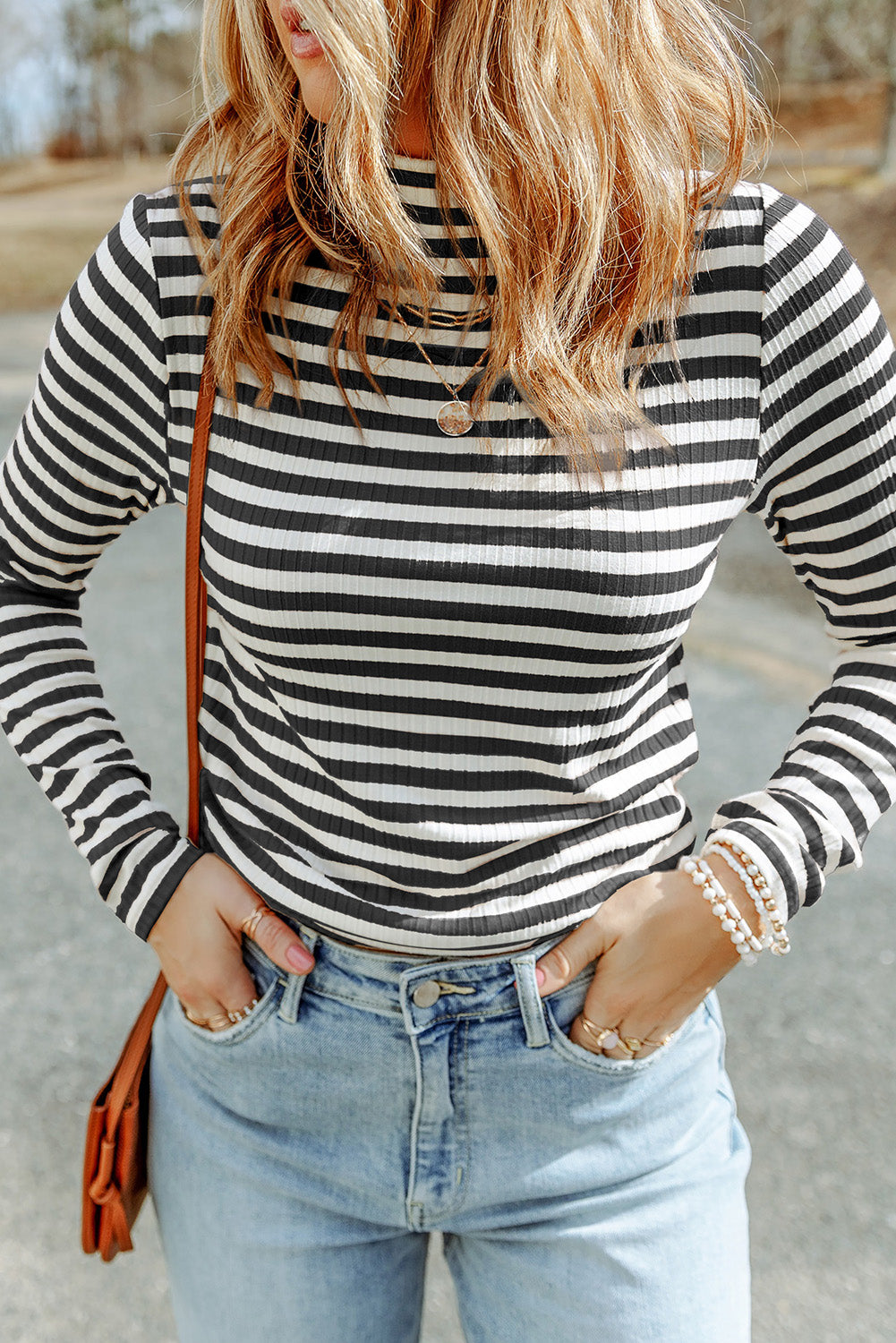 Striped Textured Knit Long Sleeve Tee