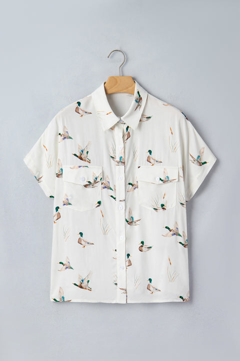 White Mallard Print Button Pocket Short Sleeve Shirt