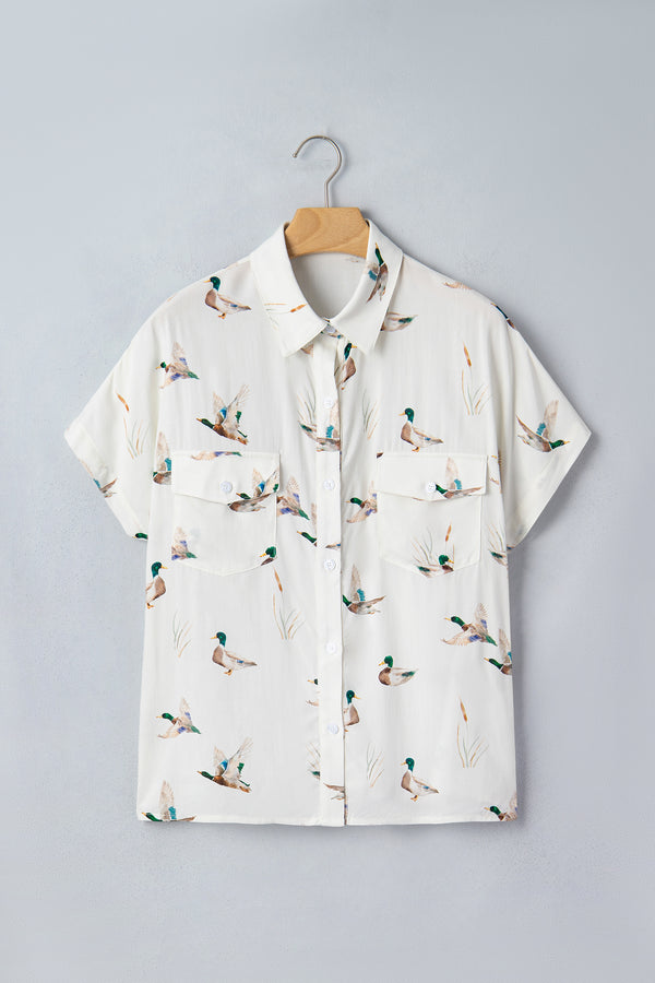 White Mallard Print Button Pocket Short Sleeve Shirt