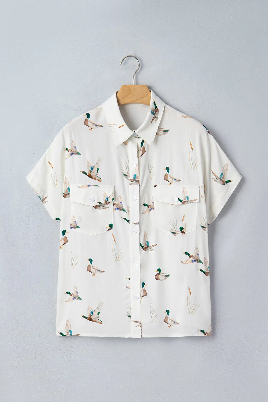 White Mallard Print Button Pocket Short Sleeve Shirt
