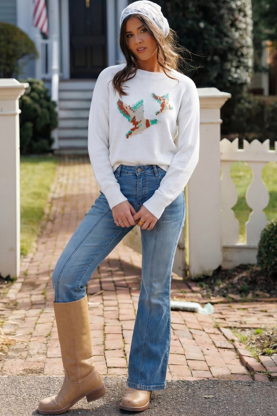 Mallard Print Drop Shoulder Pullover Sweater Women UK