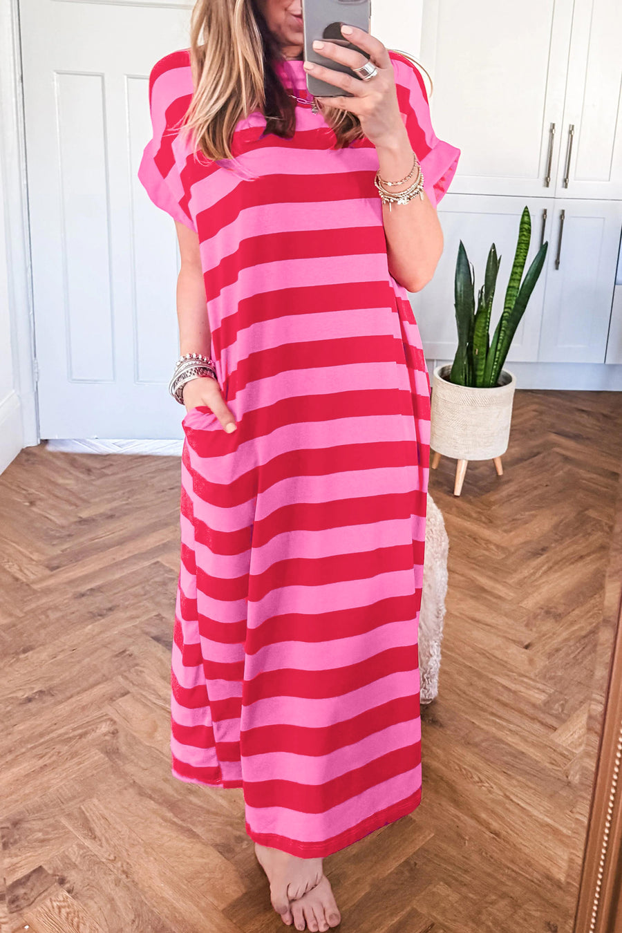 Stripe Cuffed Short Sleeve Pocketed Maxi Dress