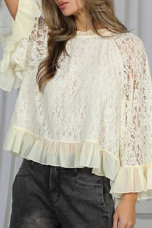 Sheer Lace Floral Round Neck Ruffle Trim Cuff Sleeve Loose Blouse
