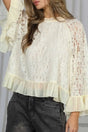 Women's sheer lace floral round neck ruffle trim cuff blouse front view