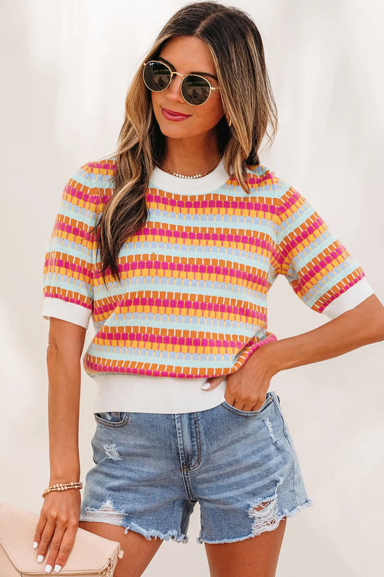 Abstract striped knit short sleeve sweater sweaters