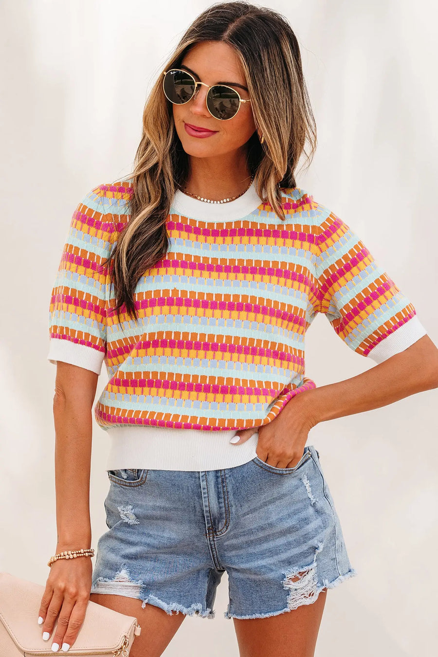 Abstract striped knit short sleeve sweater sweaters