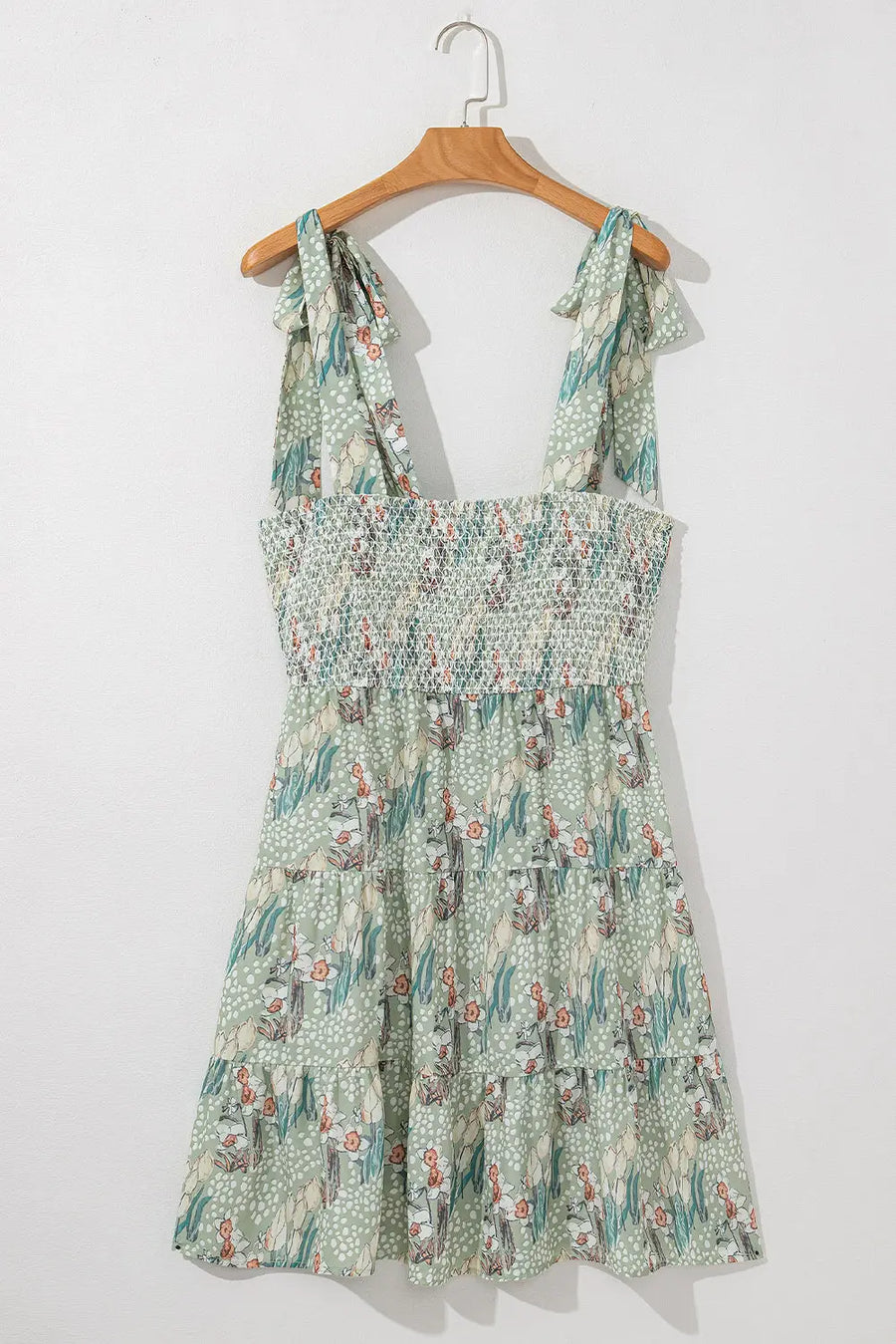 Grey Floral Knotted Strap Smocked Tiered Ruffle Mini Dress Women UK