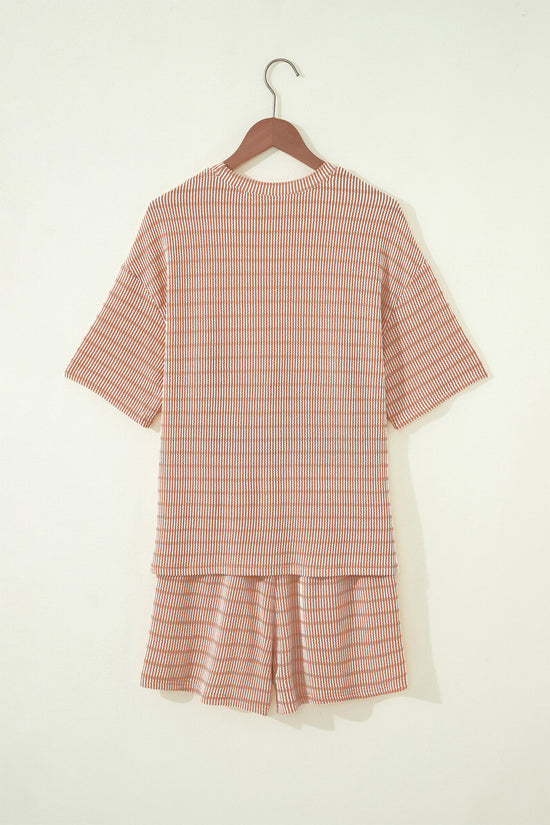 Stripe Raised Rib Loose Tee & Drawstring Elastic Waist Shorts Set