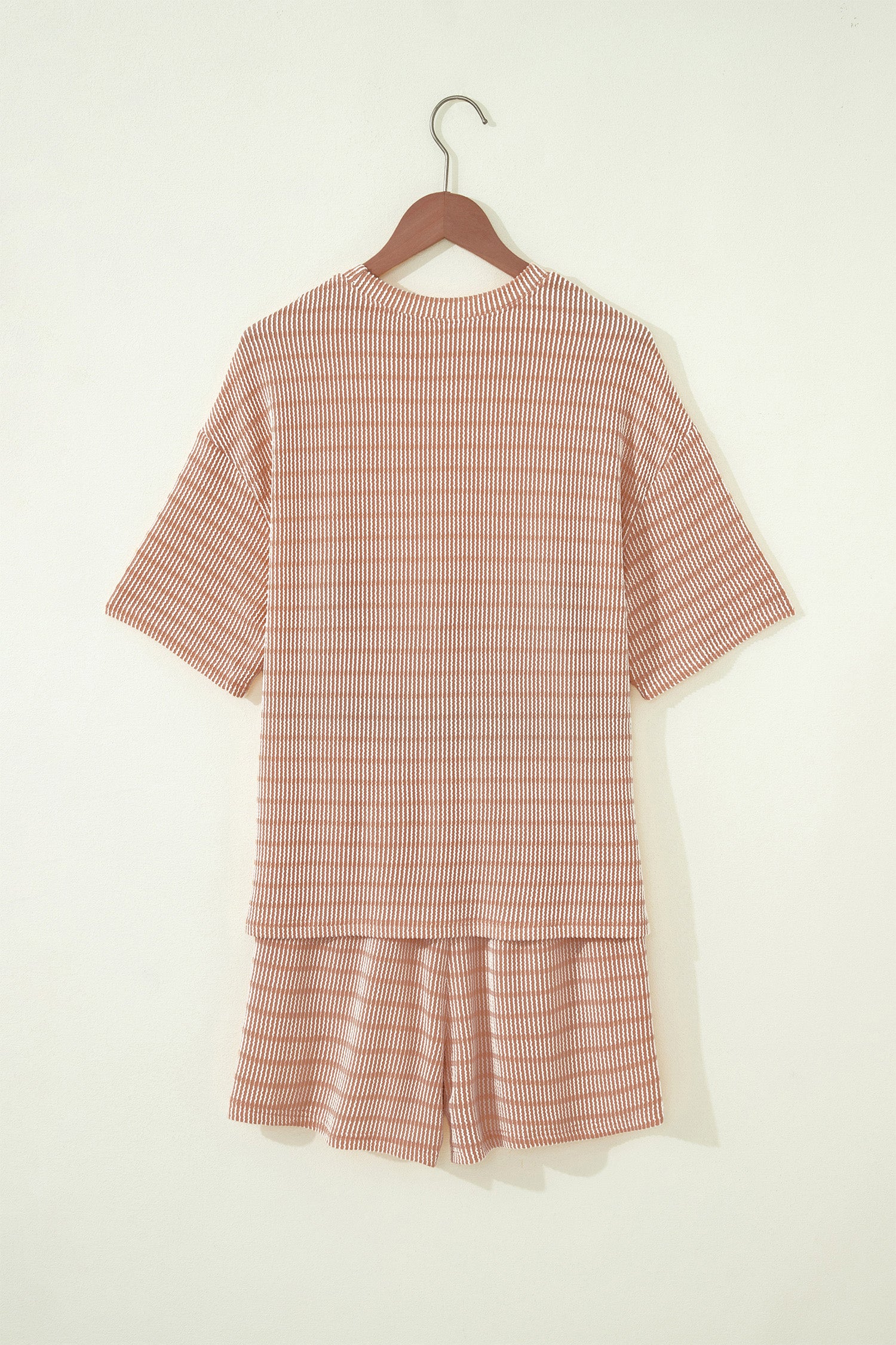 Stripe Raised Rib Loose Tee & Drawstring Elastic Waist Shorts Set