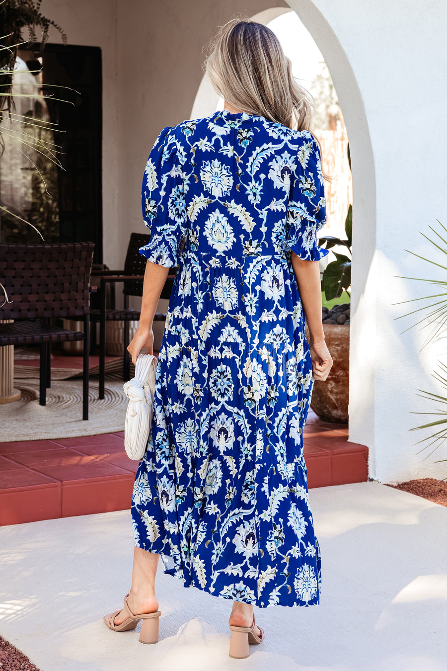 Blue Wild Floral Frilled Collar Half Sleeve Maxi Dress Women UK — side detail
