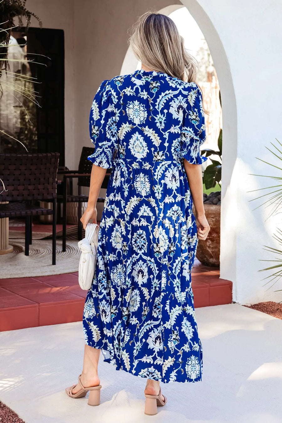 Blue Wild Floral Frilled Collar Half Sleeve Maxi Dress Women UK — side detail