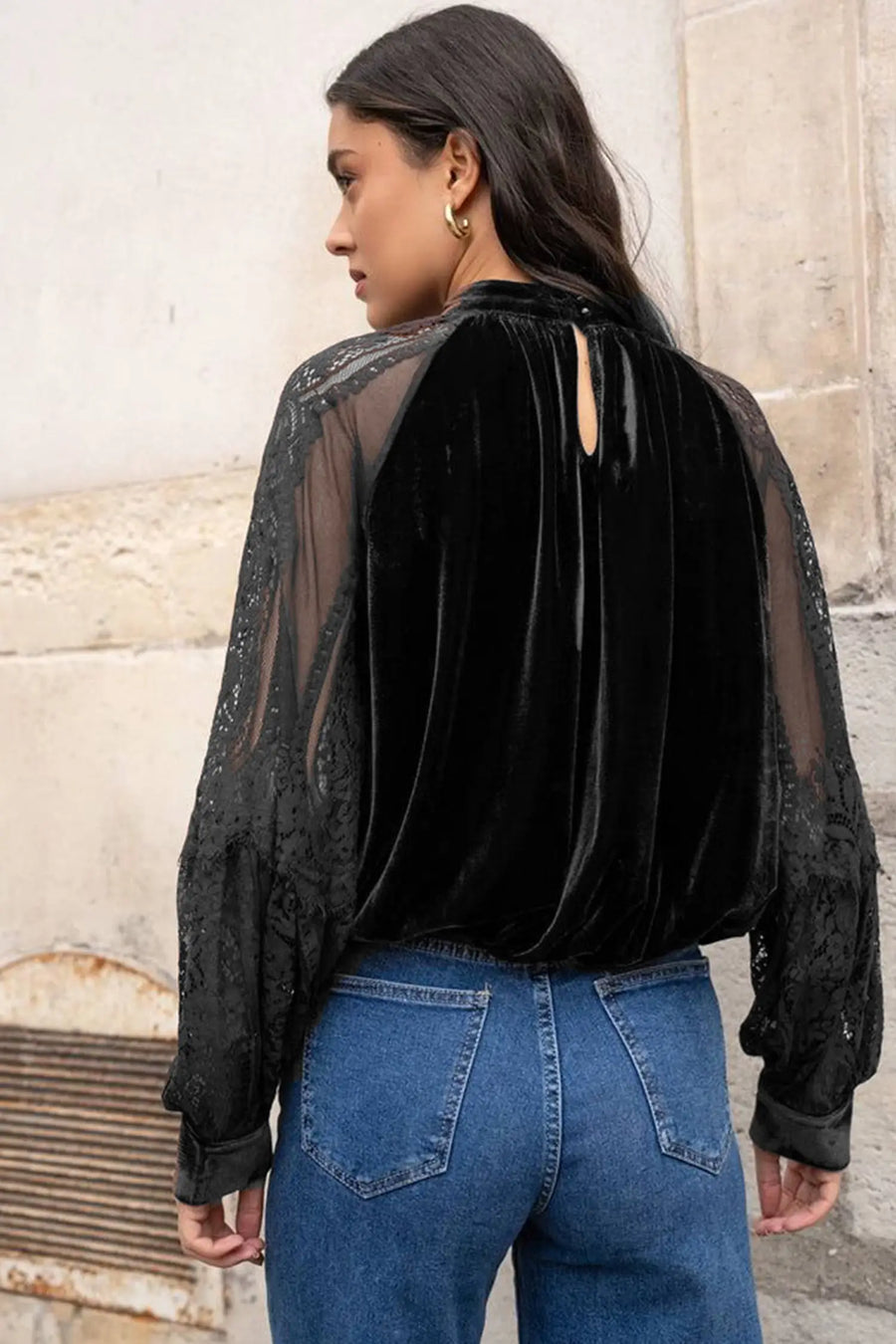 Sheer Lace Velvet Patchwork Stand Neck Blouse Women UK