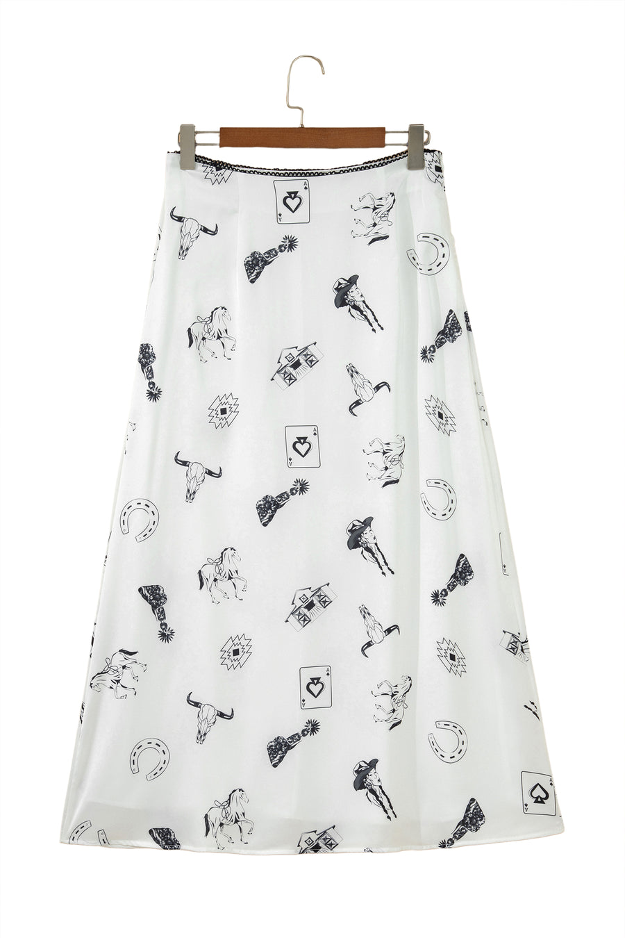 Western Print Satin High Waist Maxi Skirt — angled view | Fashionfitz UK