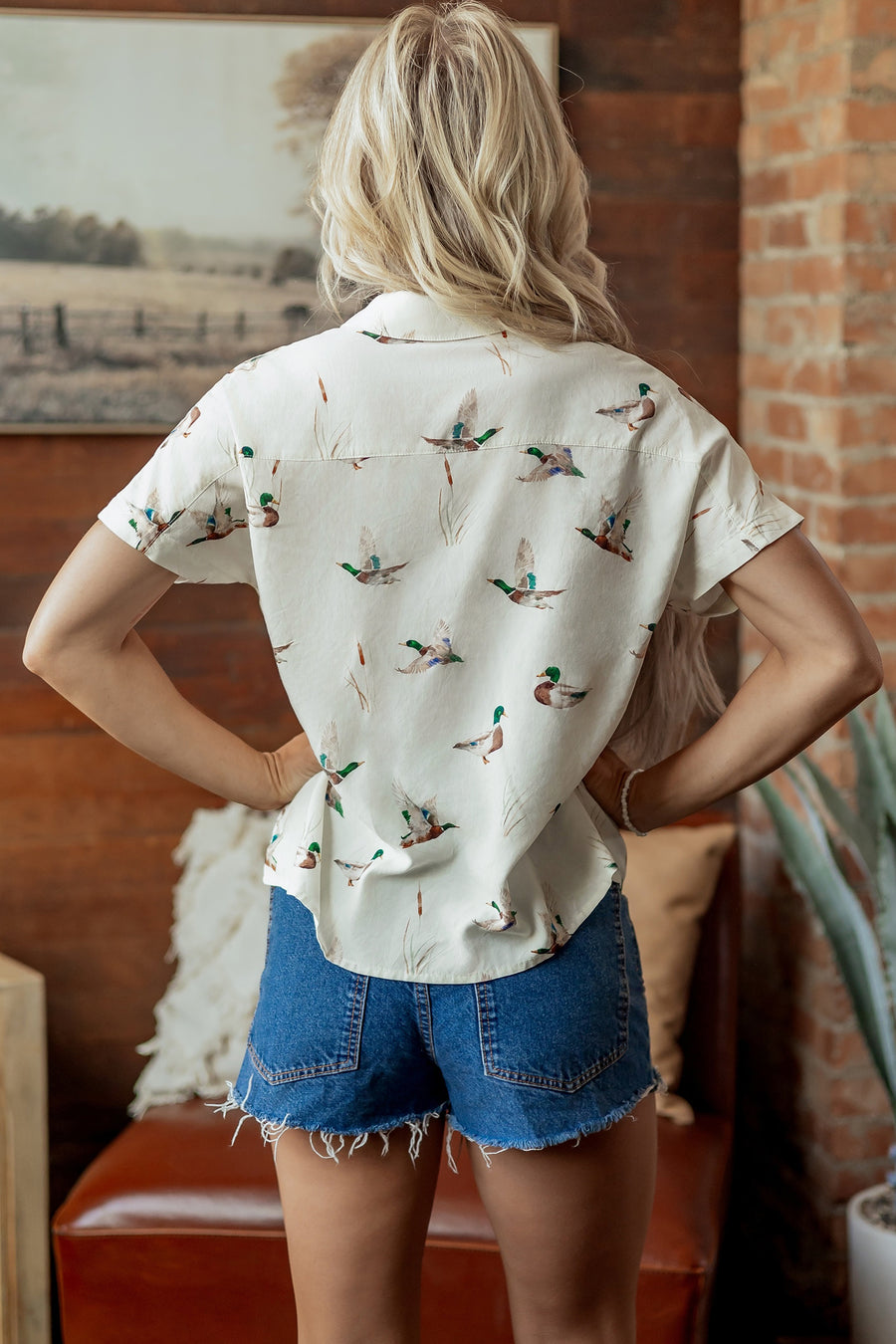 White Mallard Print Button Pocket Short Sleeve Shirt