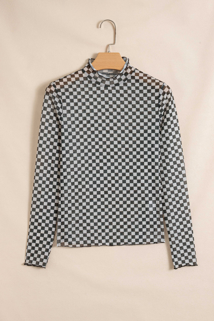 Plaid Stand Neck Long Sleeve Mesh Top Women UK