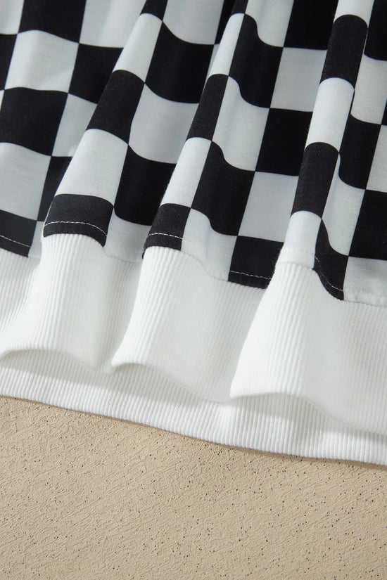 Checkered colour block trim mock neck short set outfit sets