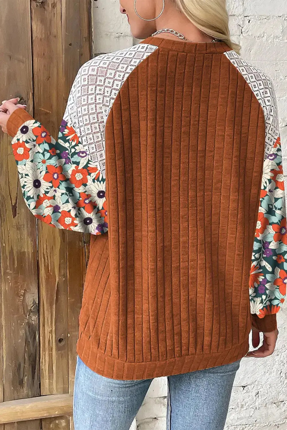 Floral Sleeve Ribbed Blouse - Fashionfitz