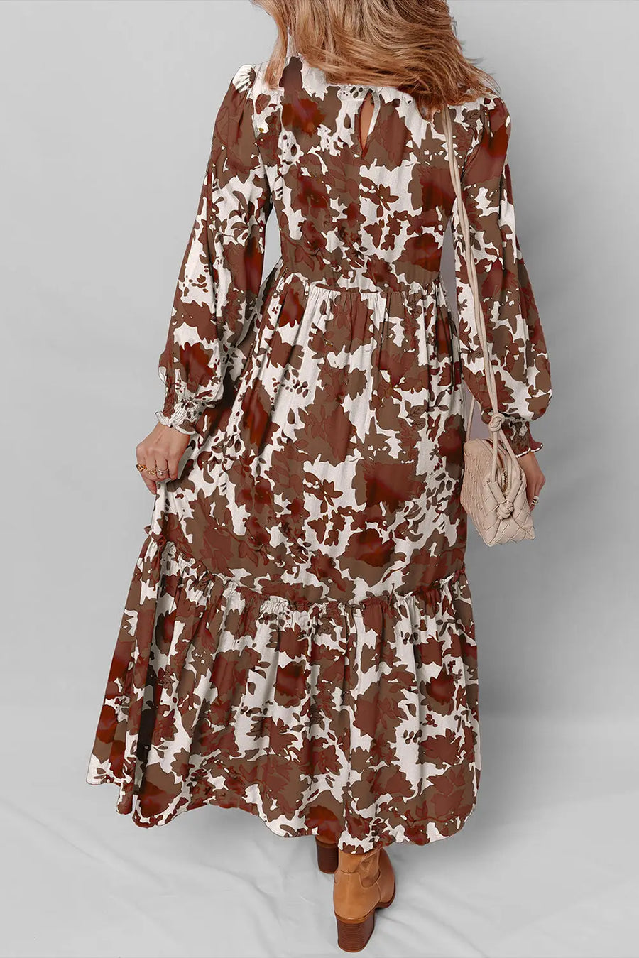 Orange Floral Smocked Bodice Puff Sleeve Ruffled Maxi Dress Women UK
