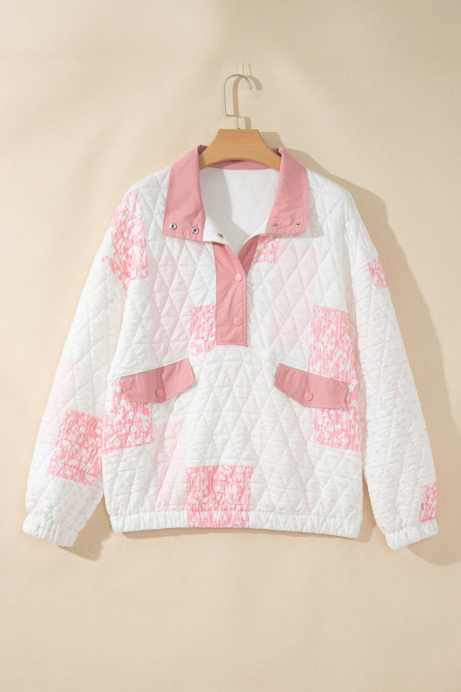 Pink Floral Quilted Half Button Pocketed Pullover Sweatshirt
