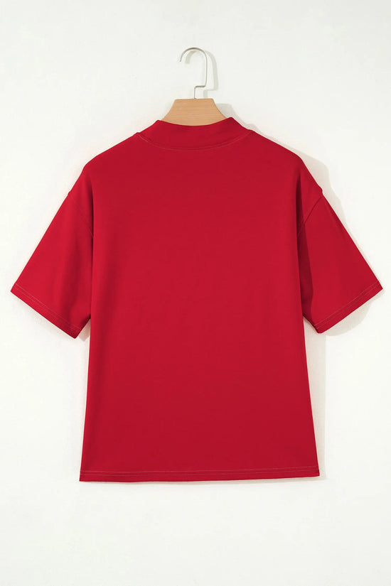 Reversible Contrast Stitch Drop Shoulder High Neck Short Sleeve Tee