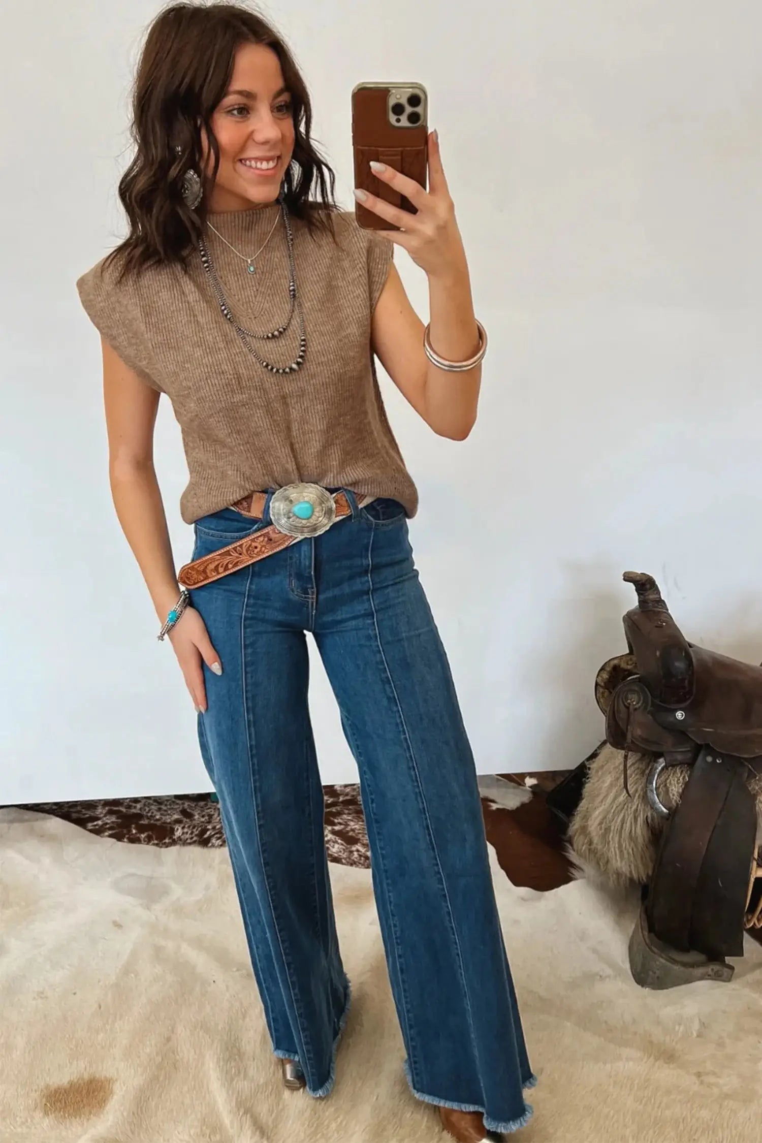 Ribbed knit mock neck sweater vest sleeveless loose fit light french beige sweaters