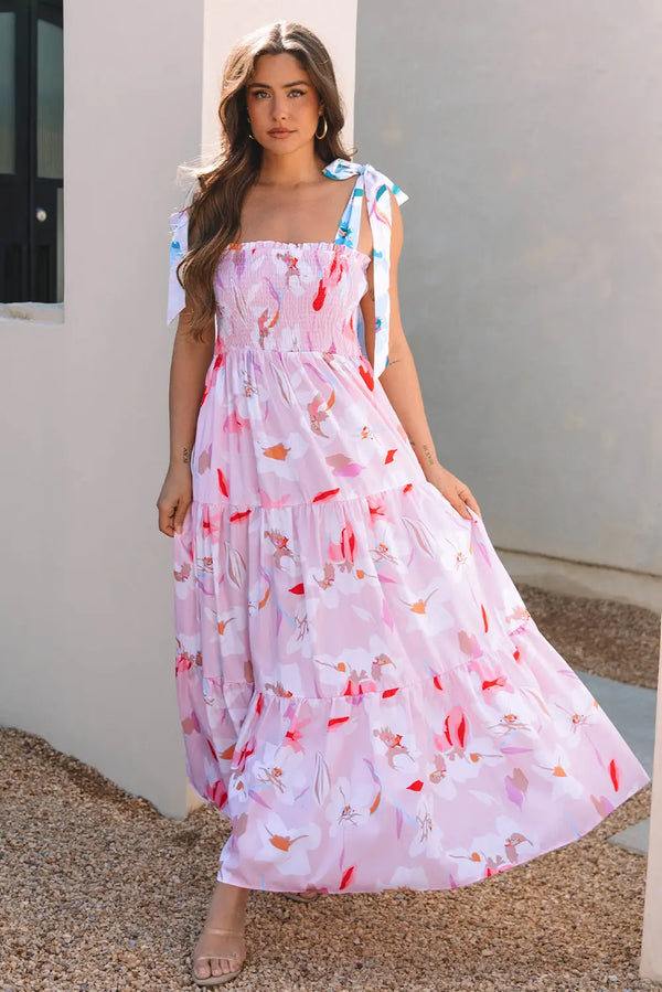 Pink Floral Knotted Shoulder Smocked Maxi Dress Women UK — front view