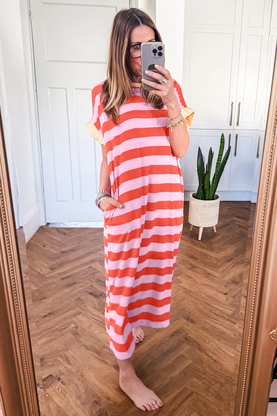 Stripe Cuffed Short Sleeve Pocketed Maxi Dress