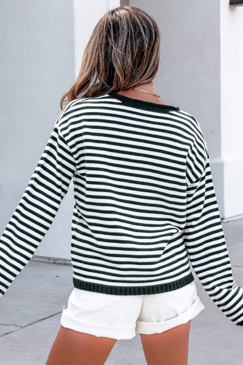 Stripe Drop Shoulder Button Placket Sweater