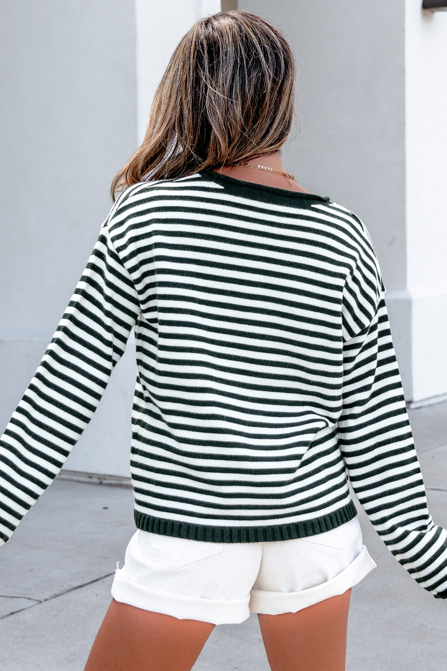 Stripe Drop Shoulder Button Placket Sweater