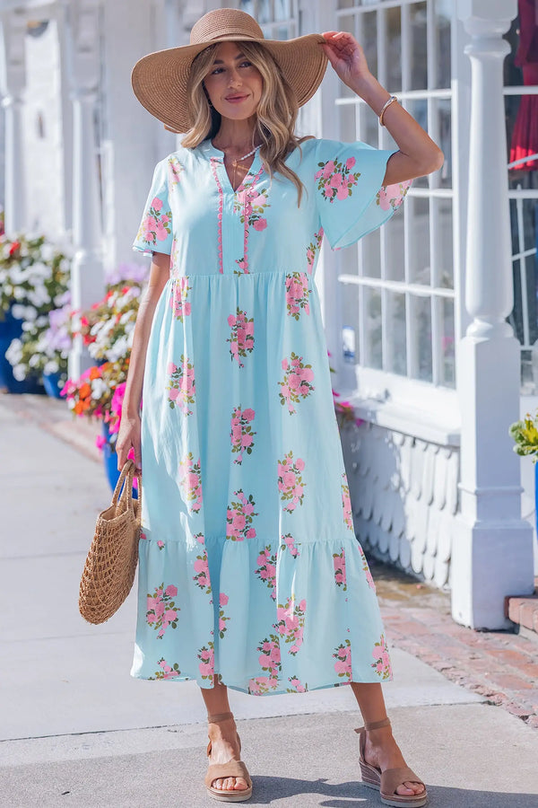 Sky Blue Floral Notched Neck Flutter Short Sleeve Maxi Dress Women UK — front view