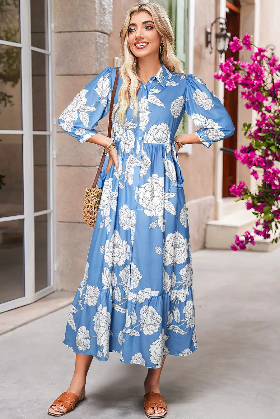 Sky Blue Floral Shirt Collar 3/4 Sleeve Long Dress Women UK