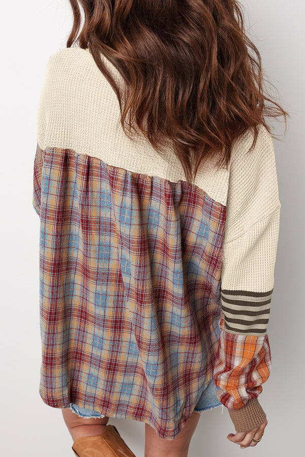Beige Waffle Plaid Patchwork Henley Knit Top Women UK