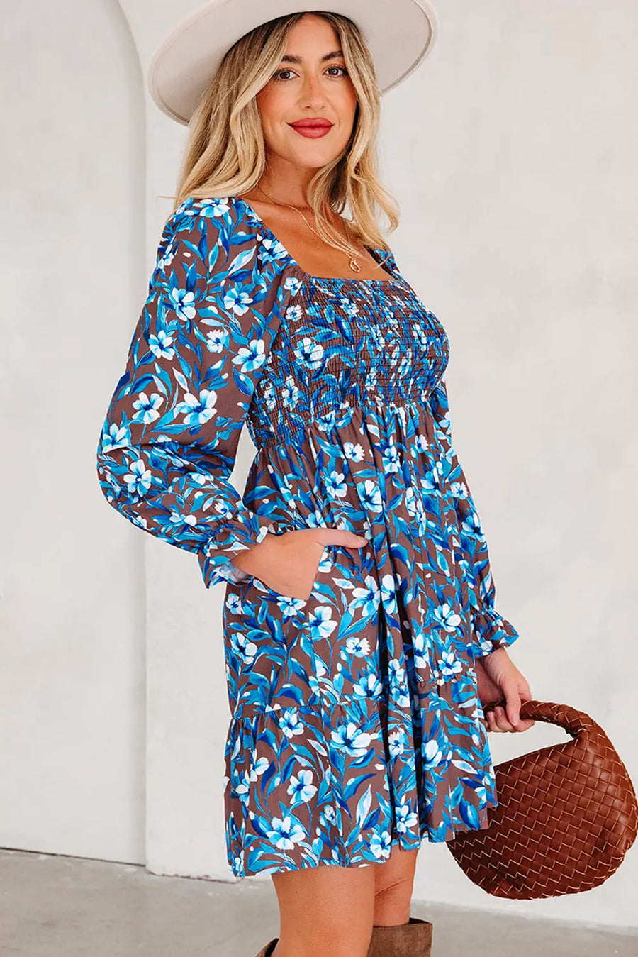 Blue Smocked Bodice High Waist Floral Ruffled Sleeve Maxi Dress Women UK
